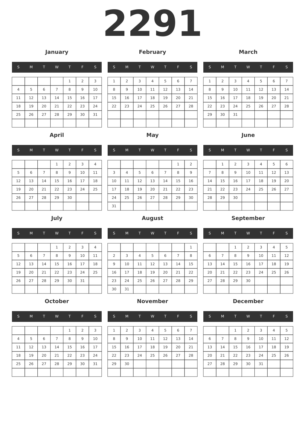Printable 2291 Year Calendars dark