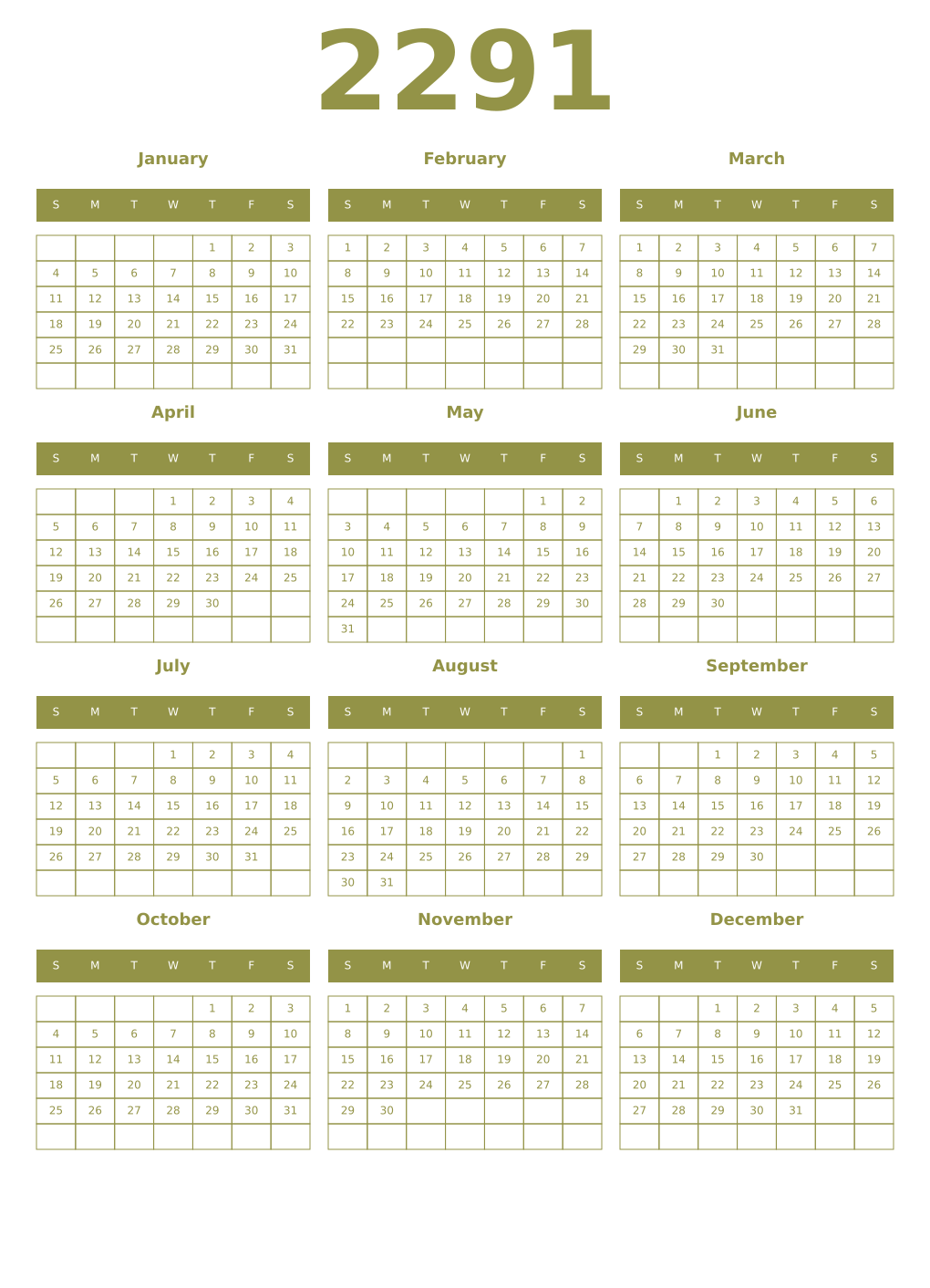 Printable 2291 Year Calendars eburnean