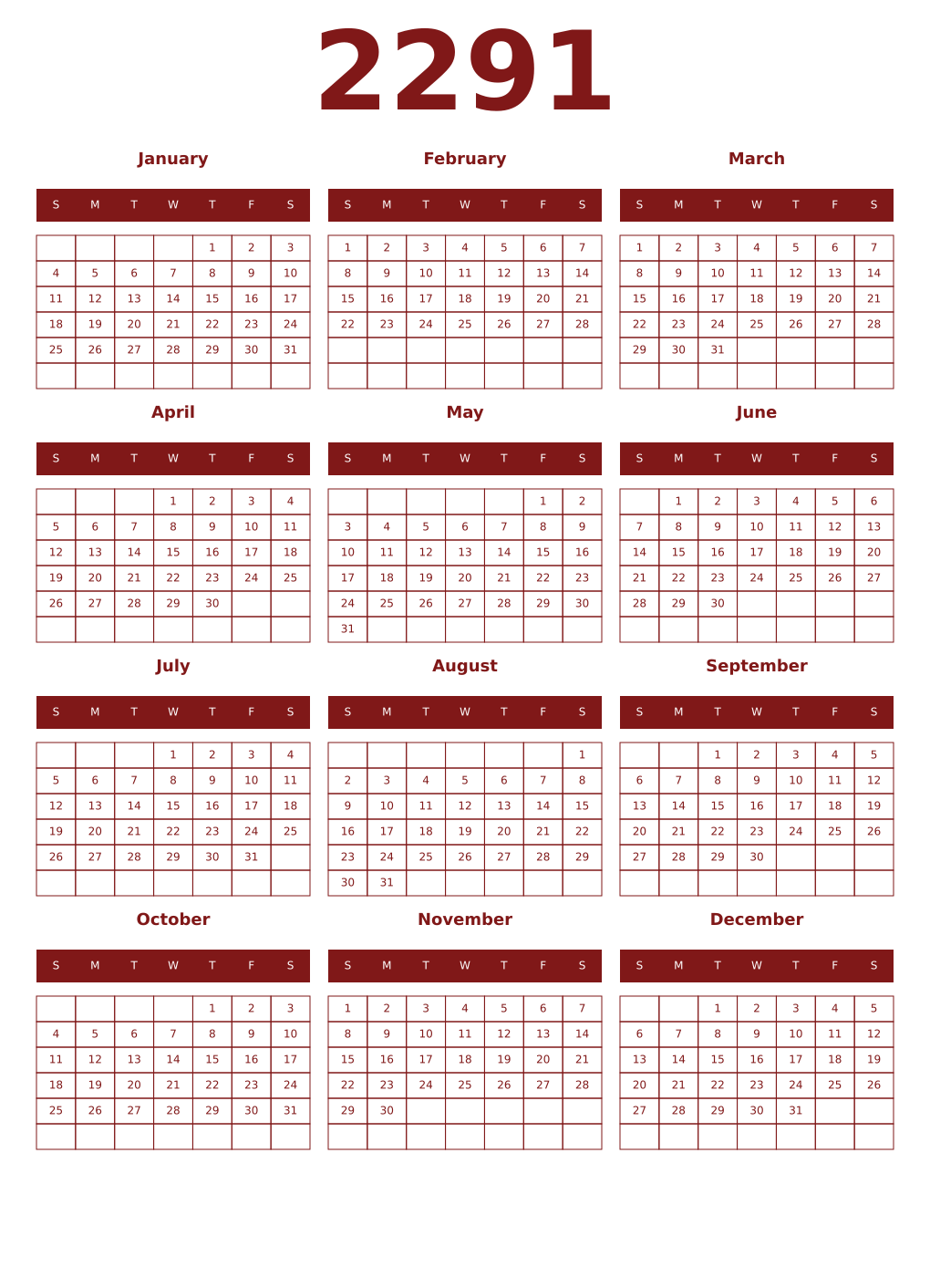 Printable 2291 Year Calendars falu