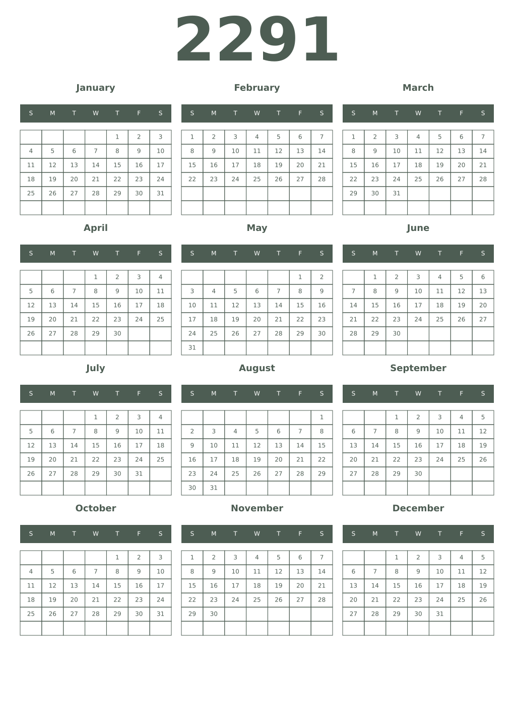 Printable 2291 Year Calendars feldgrau