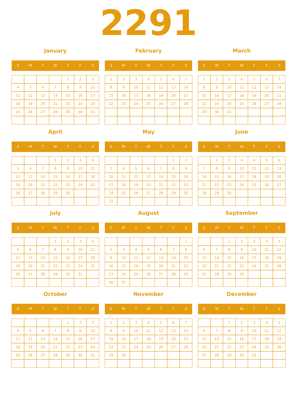 Printable 2291 Year Calendars gamboge