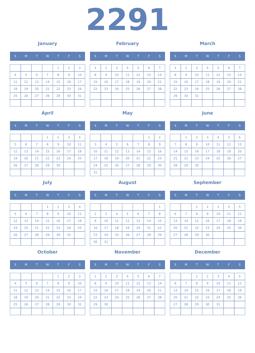 Printable 2291 Year Calendars glaucous