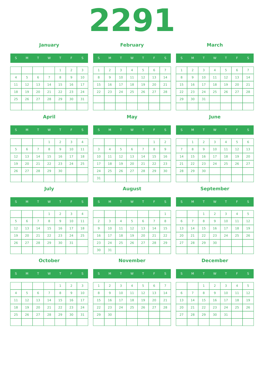 Printable 2291 Year Calendars green