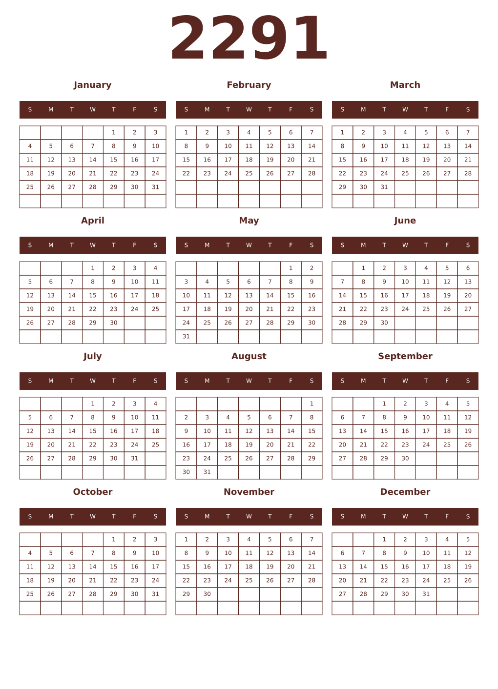 Printable 2291 Year Calendars mortuum