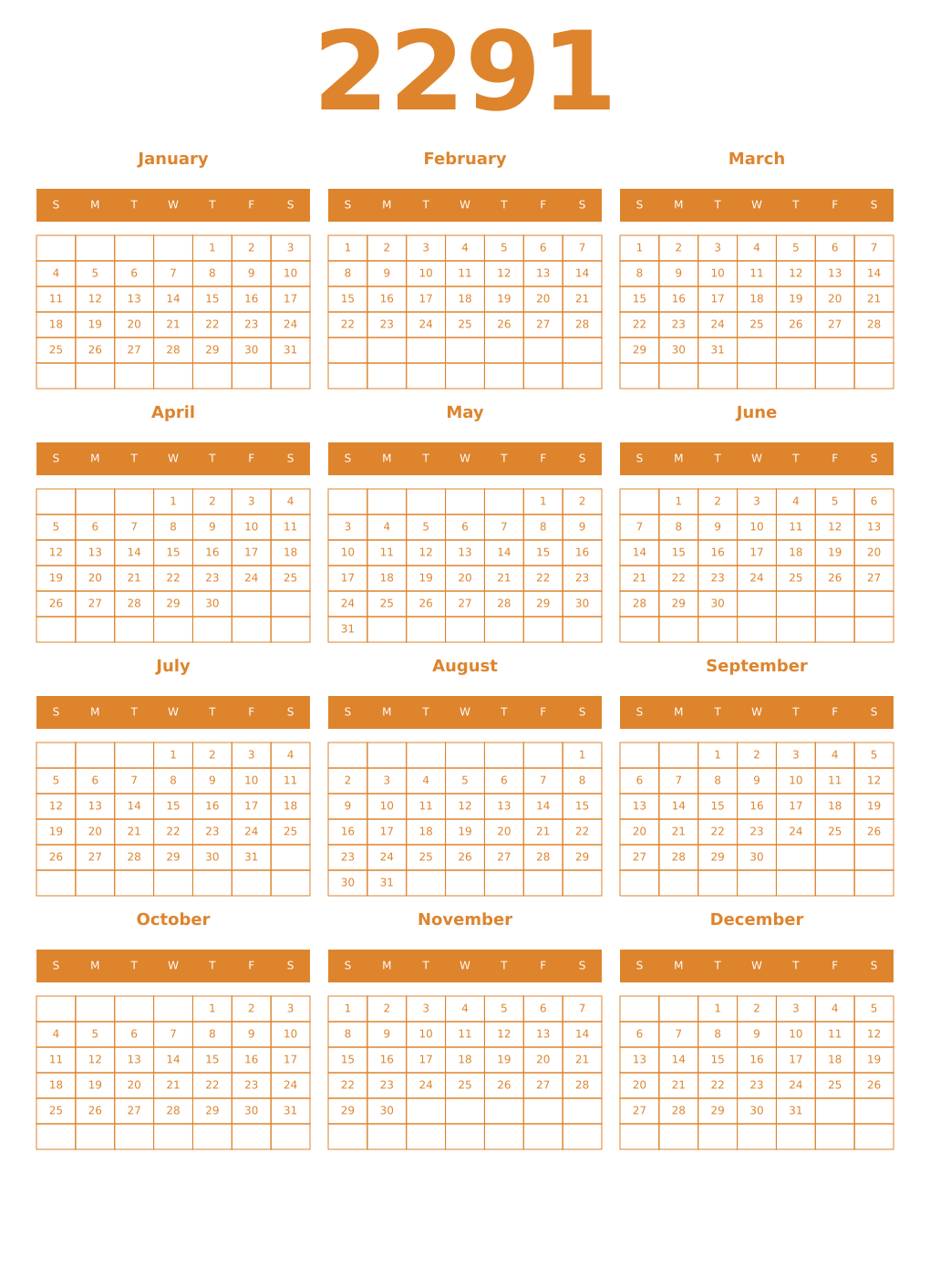 Printable 2291 Year Calendars orange