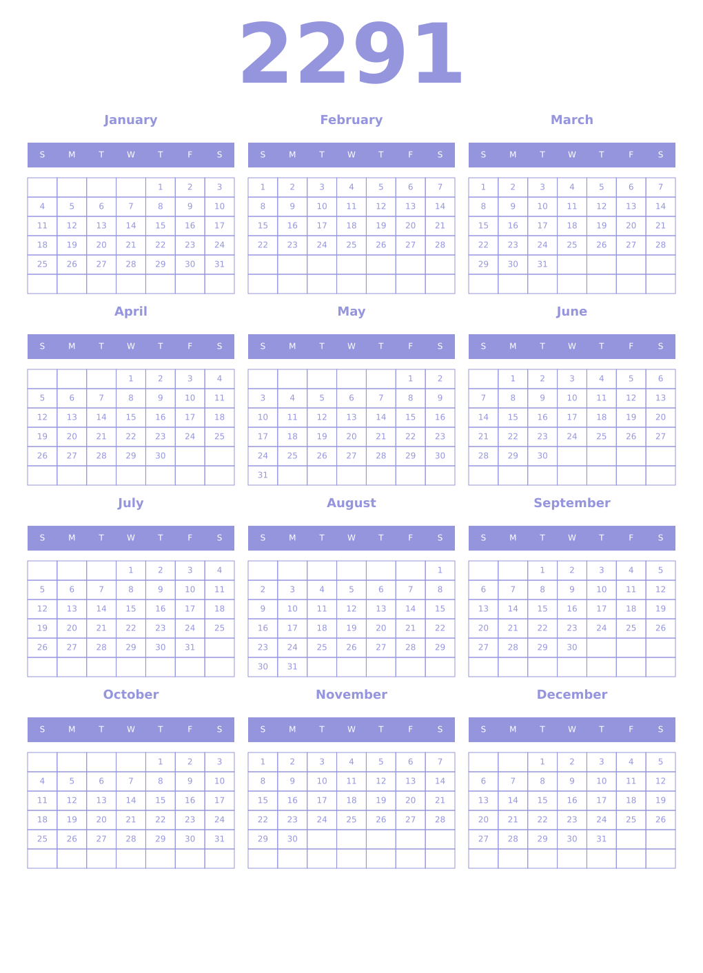 Printable 2291 Year Calendars periwinkle