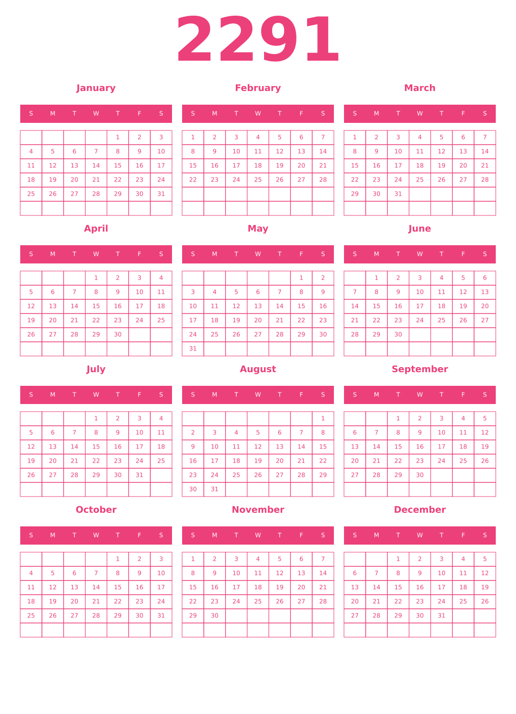 Printable 2291 Year Calendars pink