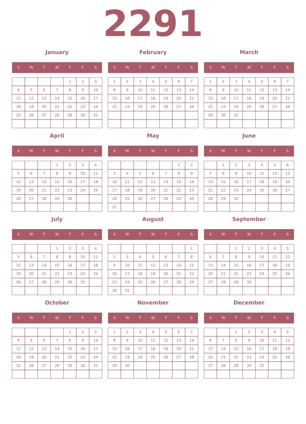 Printable 2291 Year Calendars puce