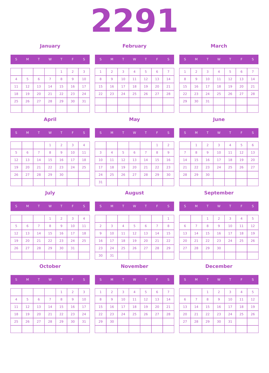 Printable 2291 Year Calendars purple