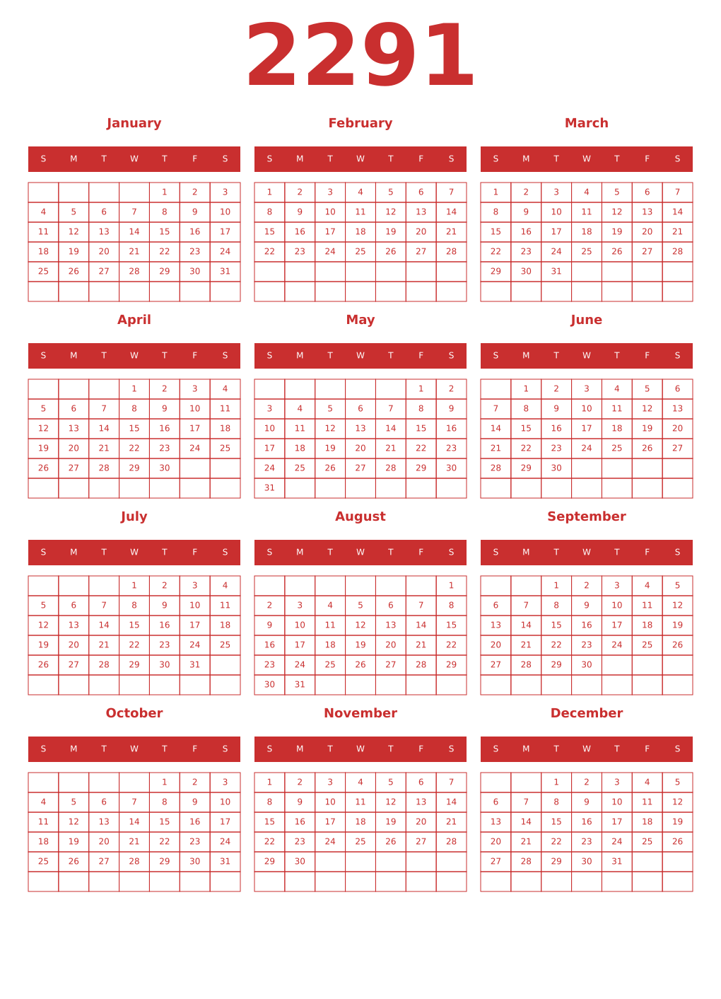Printable 2291 Year Calendars red