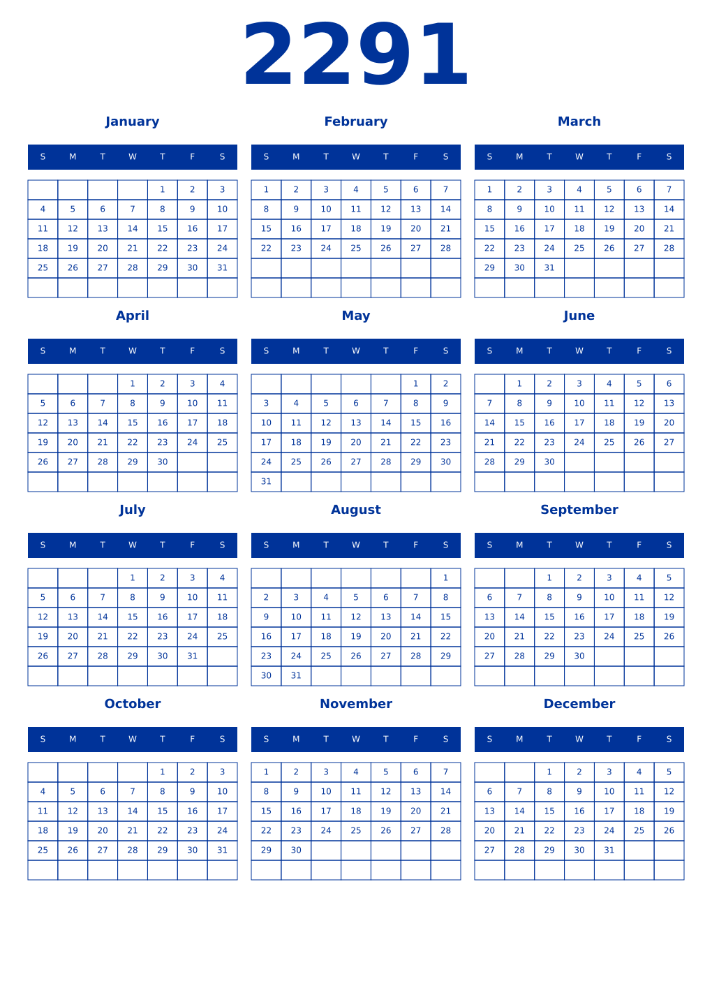Printable 2291 Year Calendars smalt