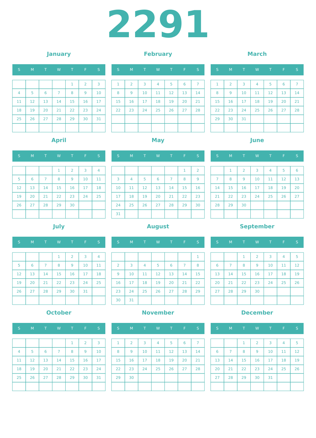 Printable 2291 Year Calendars verdigris
