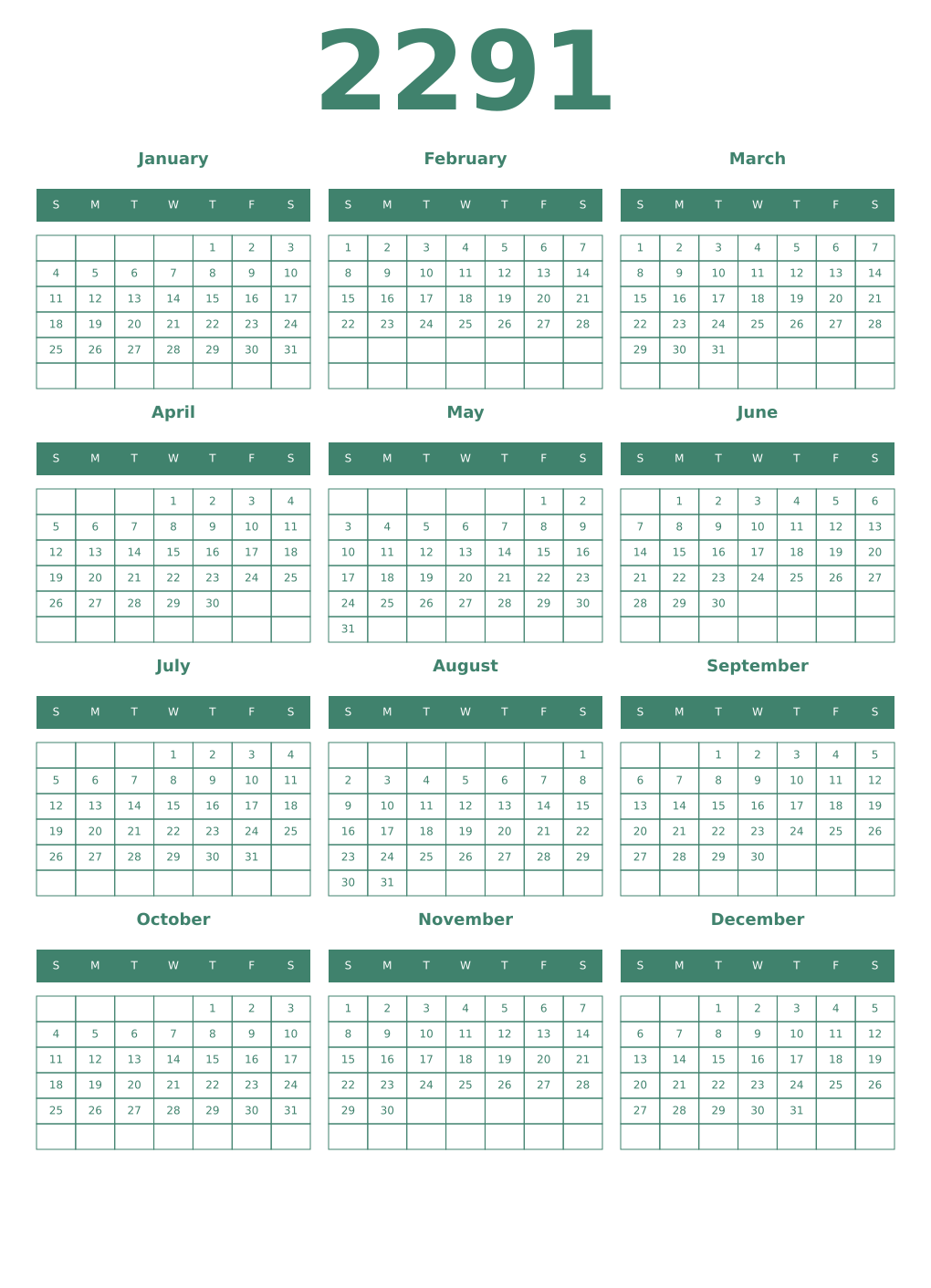 Printable 2291 Year Calendars viridian