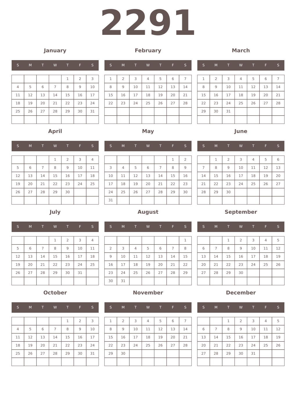Printable 2291 Year Calendars wenge
