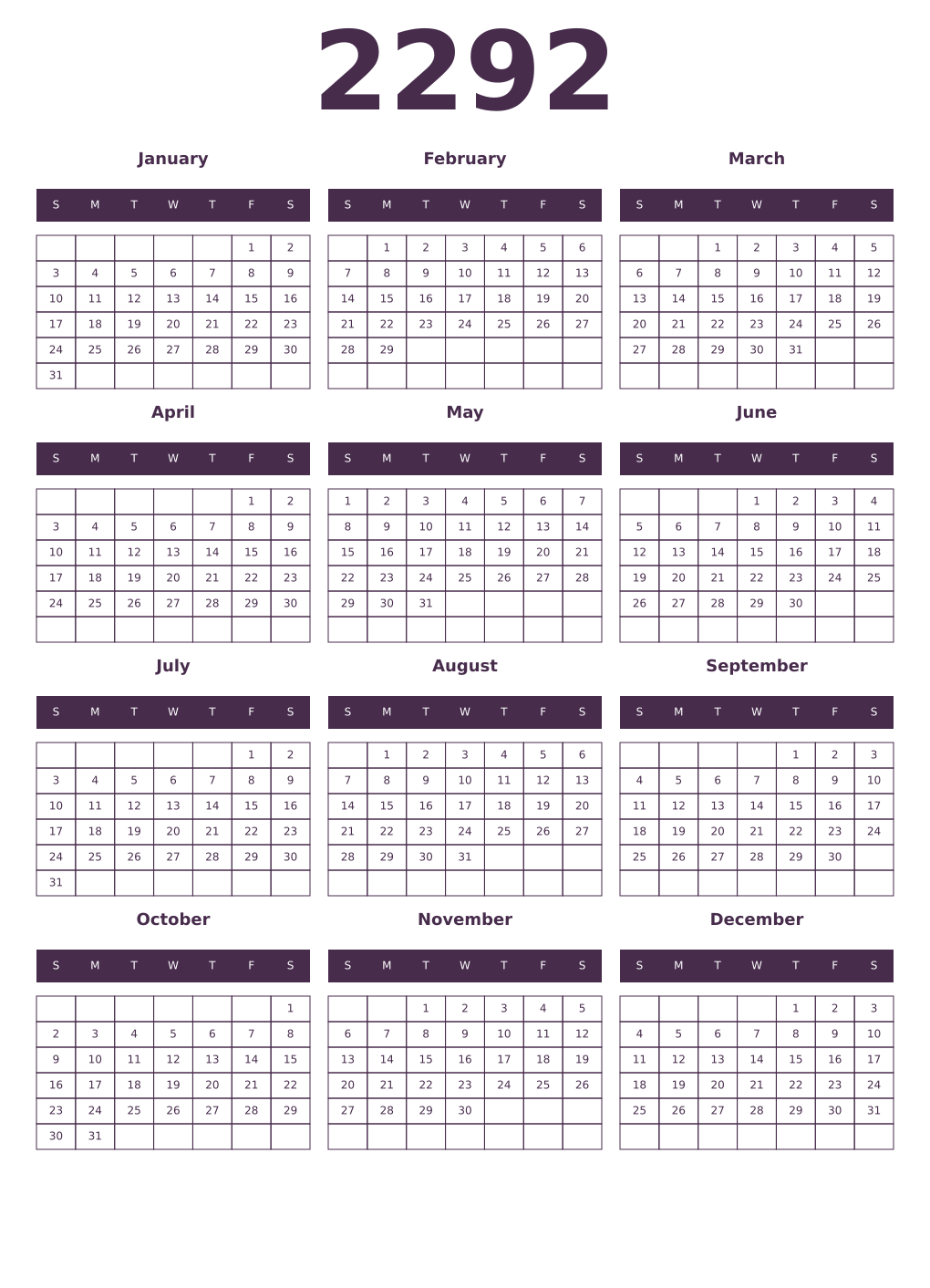 Printable 2292 Year Calendars aubergine