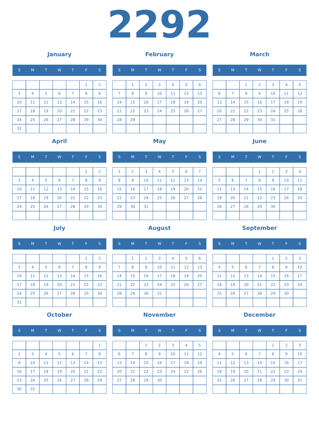 Printable 2292 Year Calendars blue