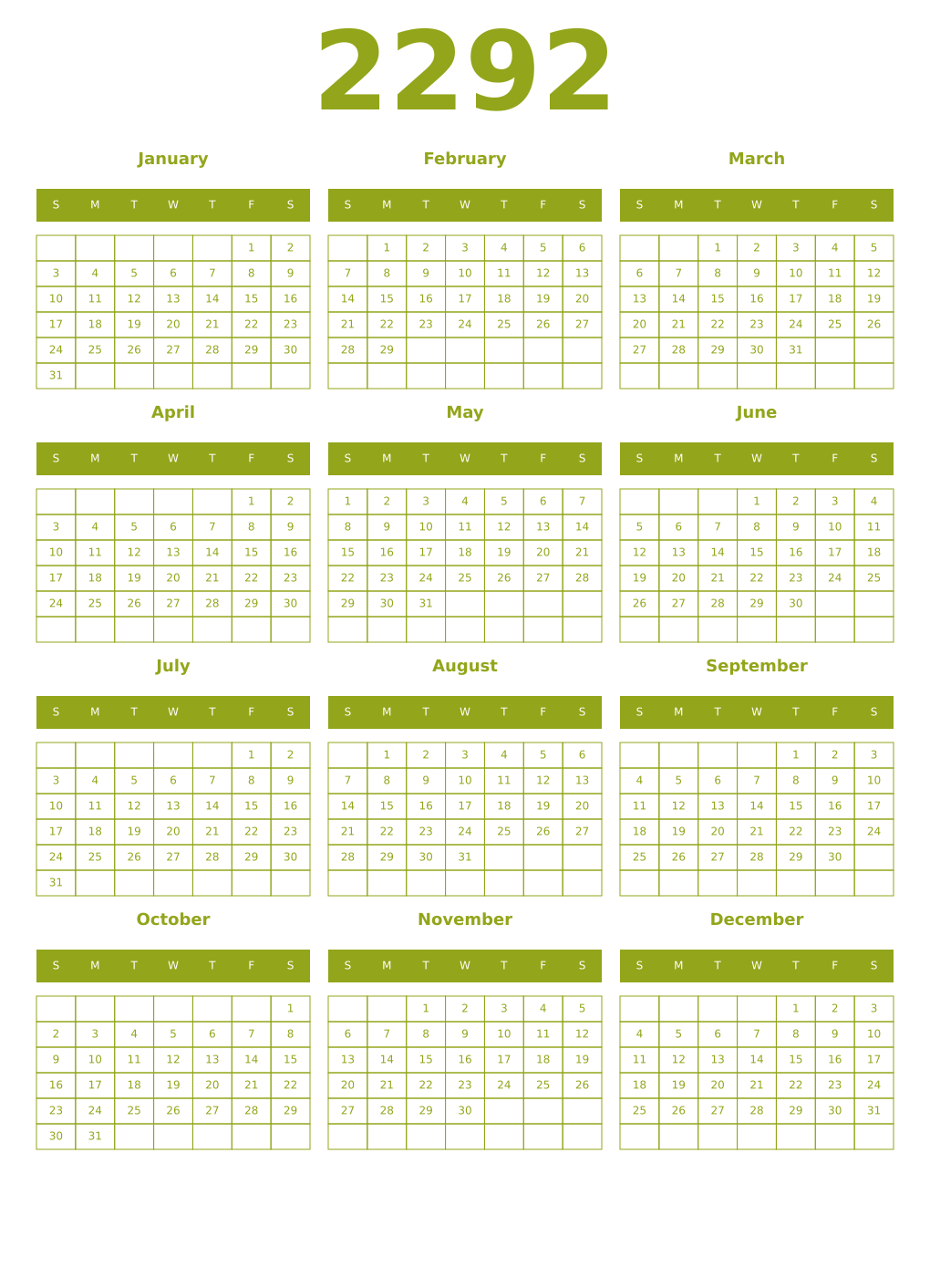 Printable 2292 Year Calendars chartreuse