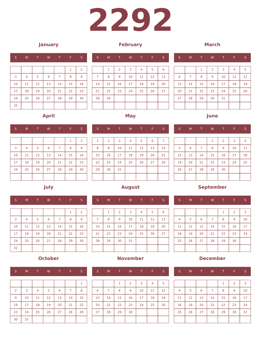 Printable 2292 Year Calendars cordovan