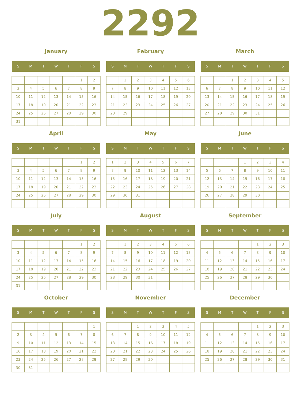 Printable 2292 Year Calendars eburnean
