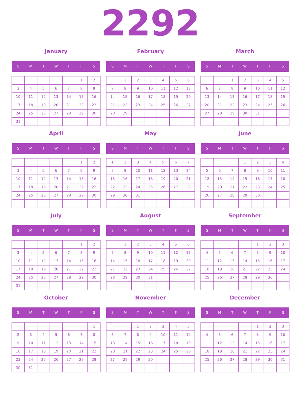 Printable 2292 Year Calendars purple