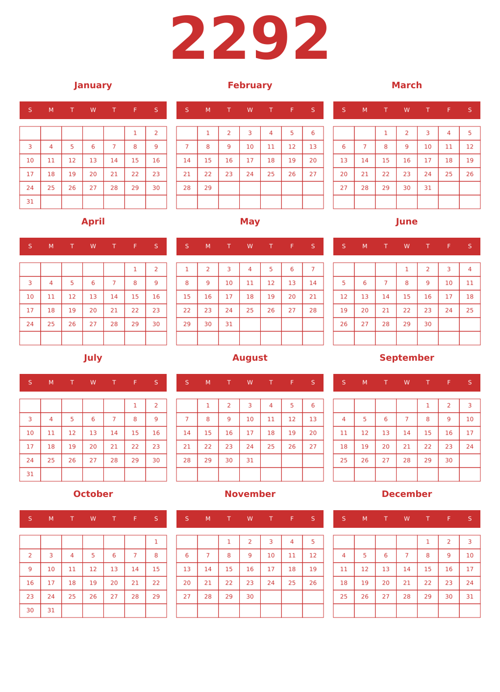 Printable 2292 Year Calendars red