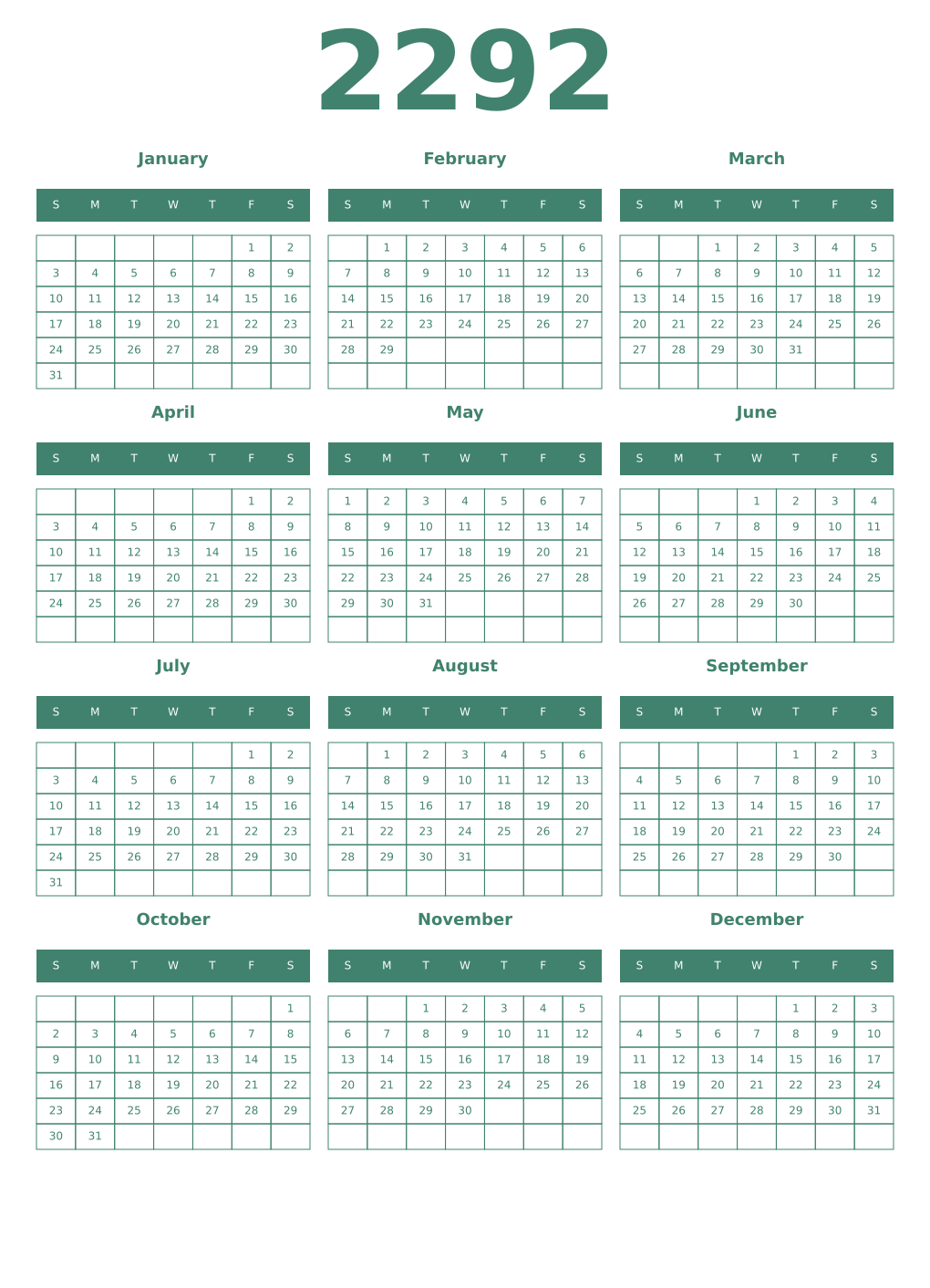 Printable 2292 Year Calendars viridian