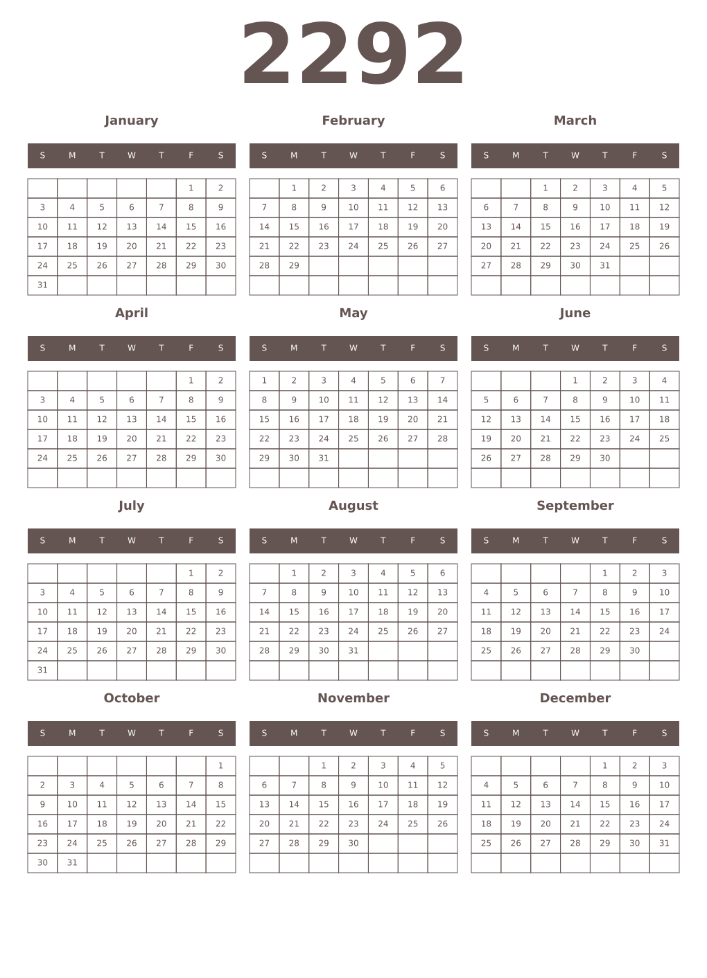 Printable 2292 Year Calendars wenge