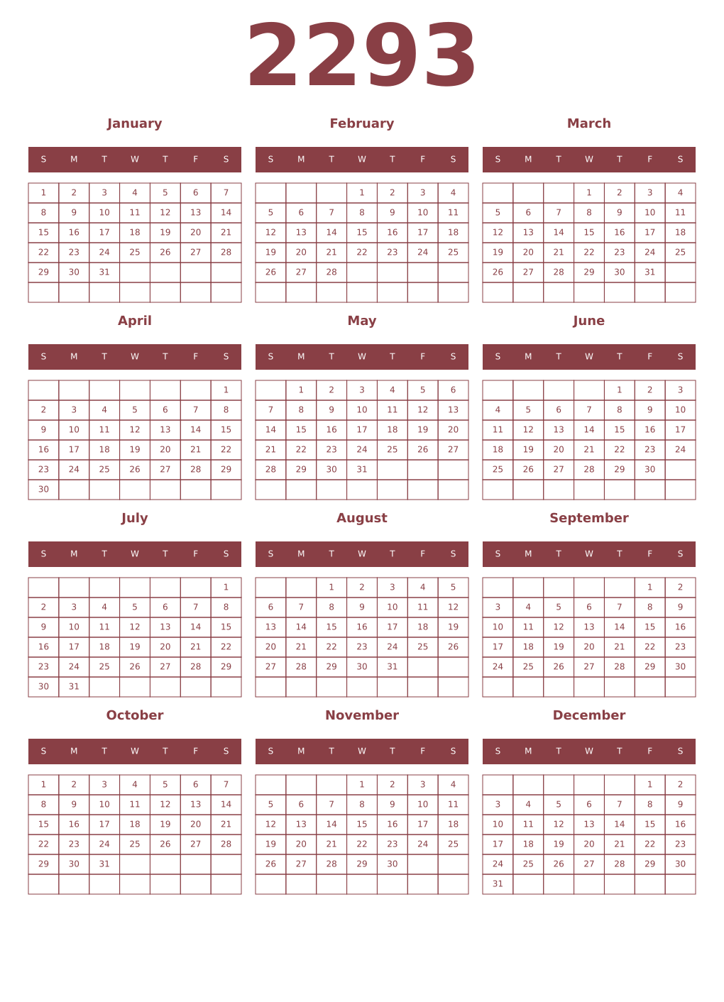 Printable 2293 Year Calendars cordovan