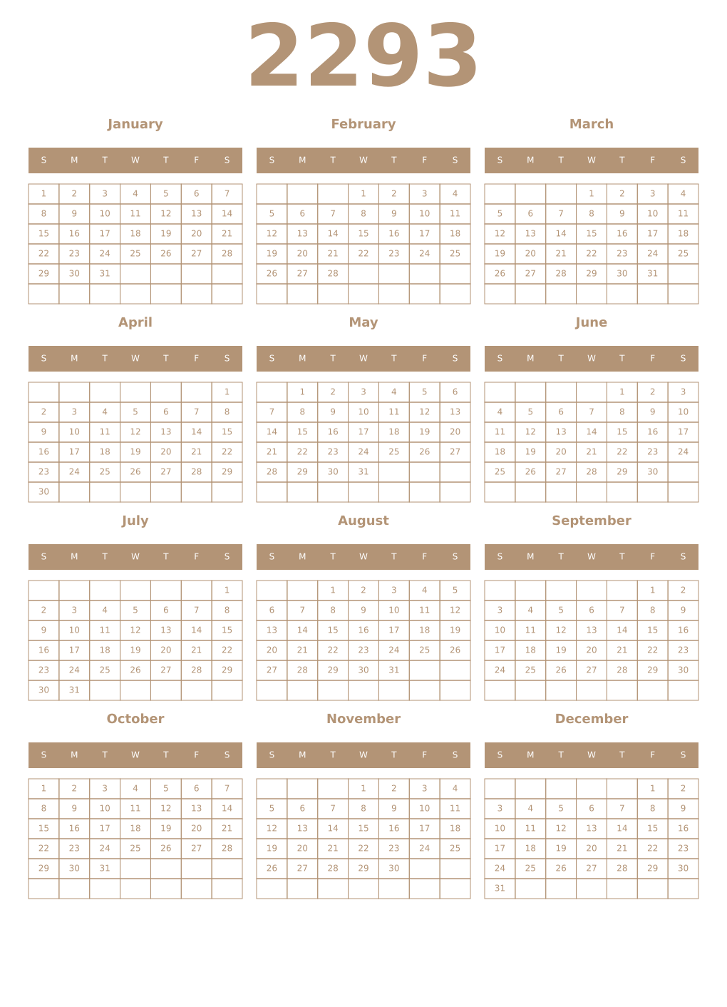 Printable 2293 Year Calendars isabelline