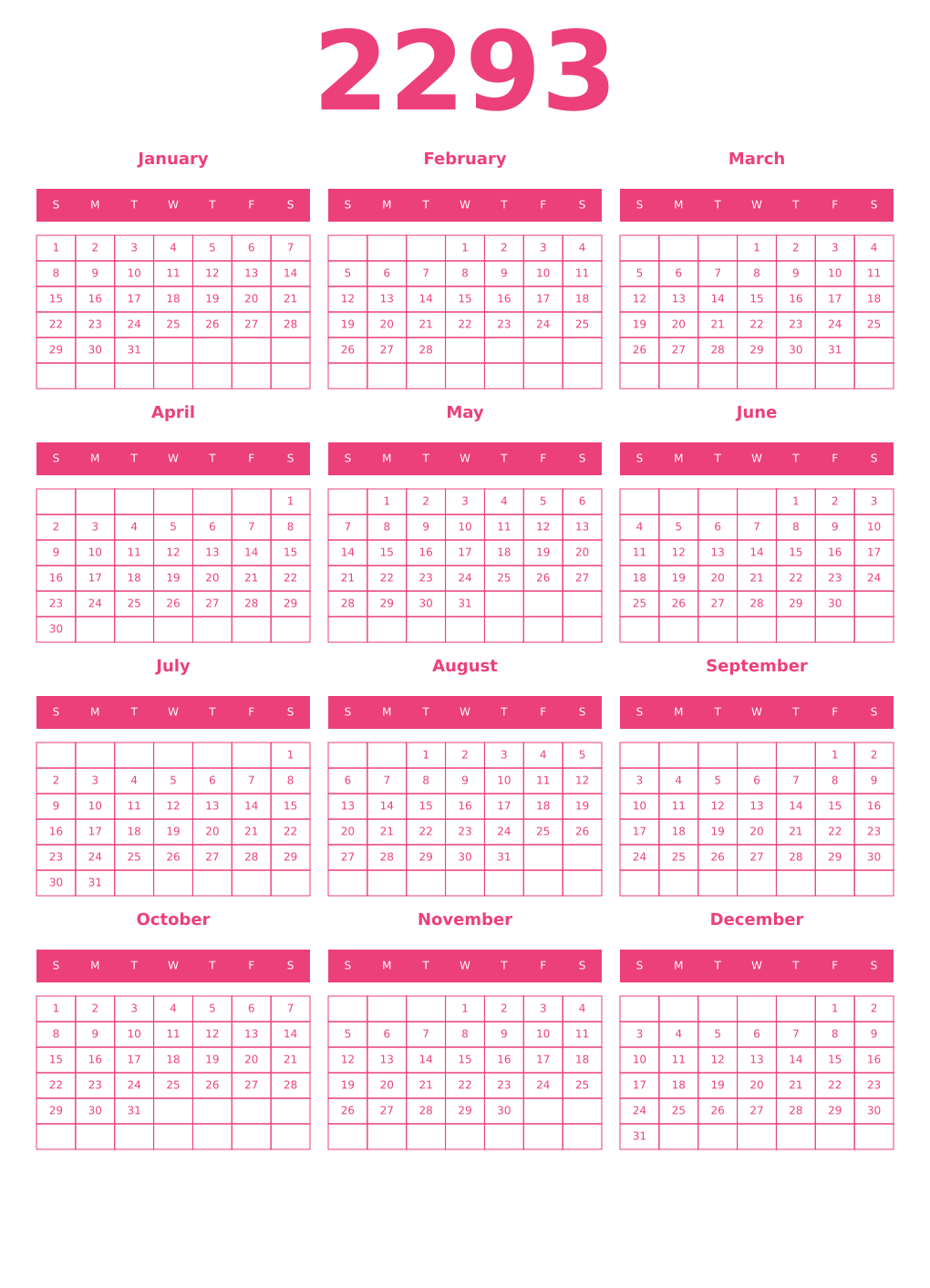 Printable 2293 Year Calendars pink