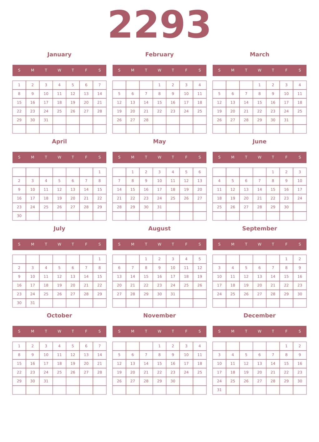 Printable 2293 Year Calendars puce