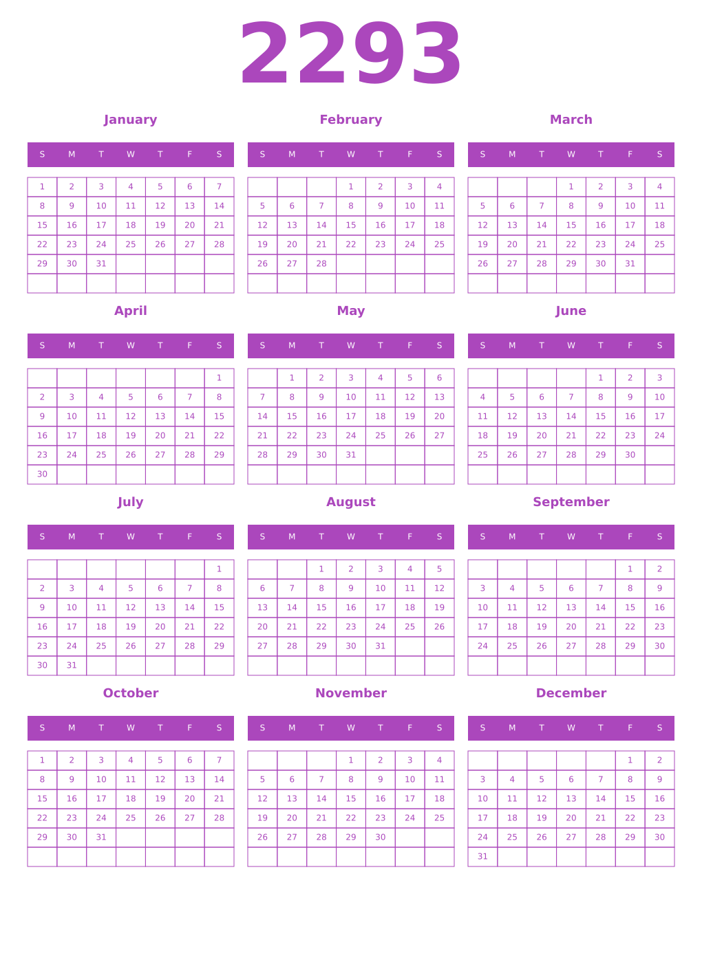 Printable 2293 Year Calendars purple