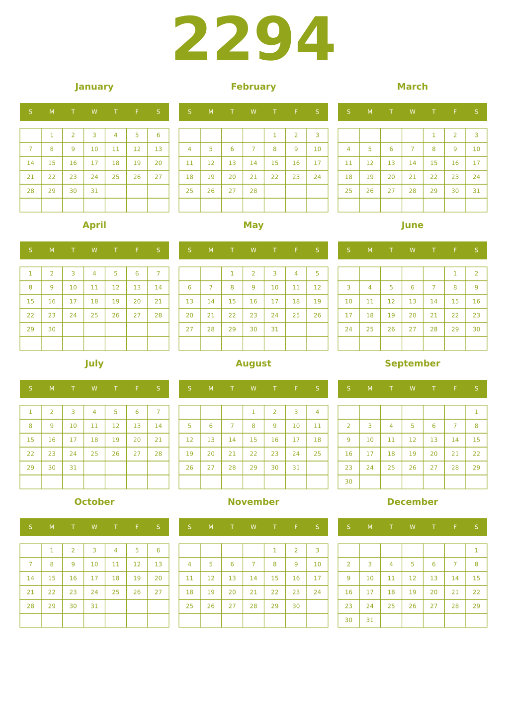 Printable 2294 Year Calendars chartreuse