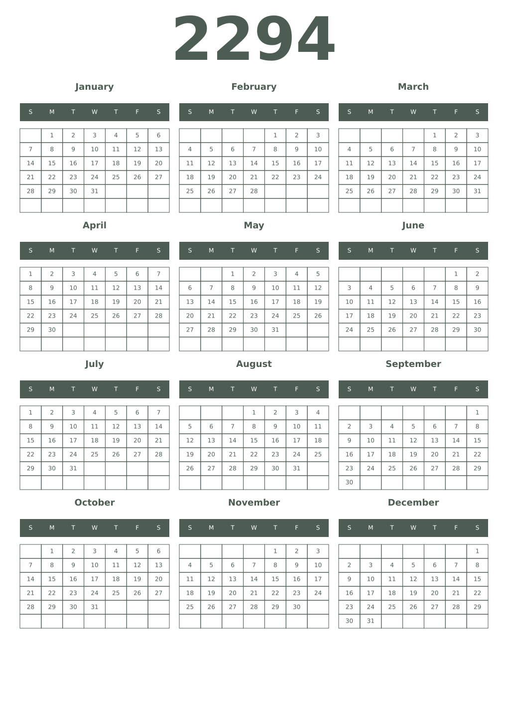 Printable 2294 Year Calendars feldgrau