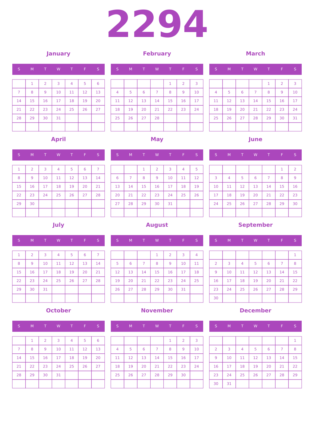 Printable 2294 Year Calendars purple