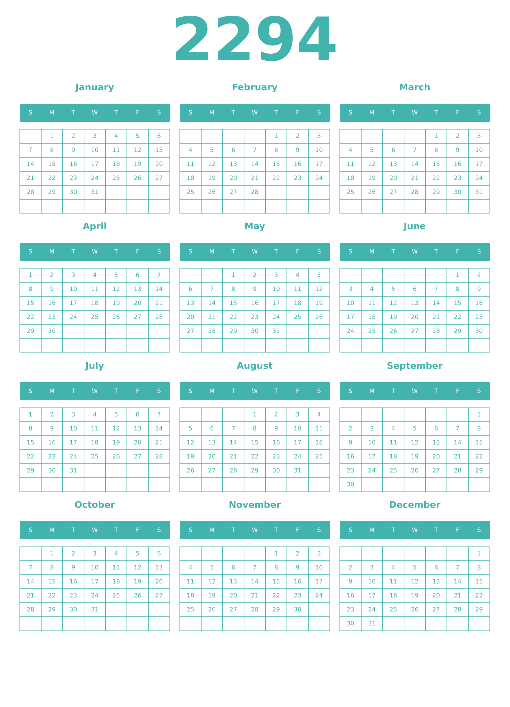 Printable 2294 Year Calendars verdigris