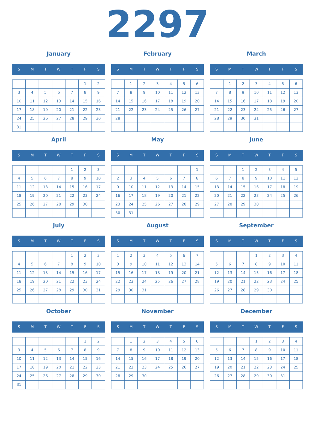 Printable 2297 Year Calendars blue