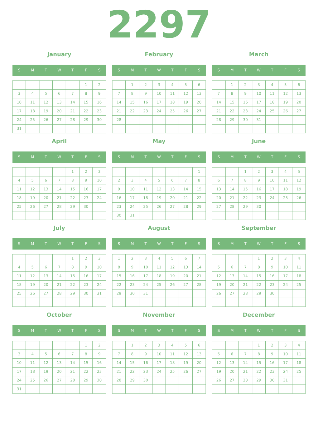 Printable 2297 Year Calendars celadon