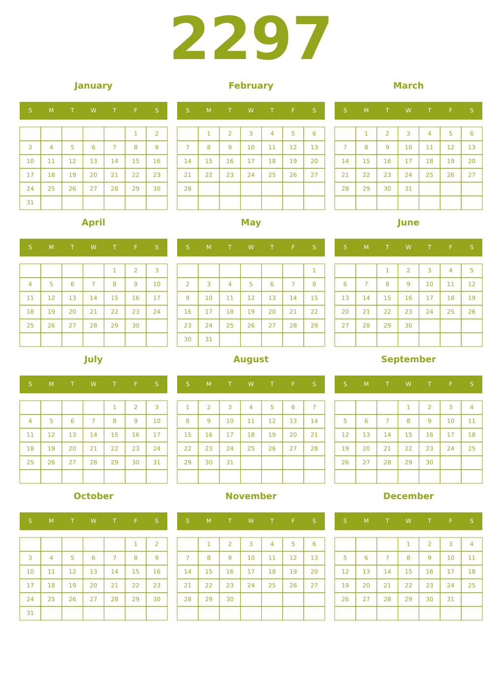 Printable 2297 Year Calendars chartreuse