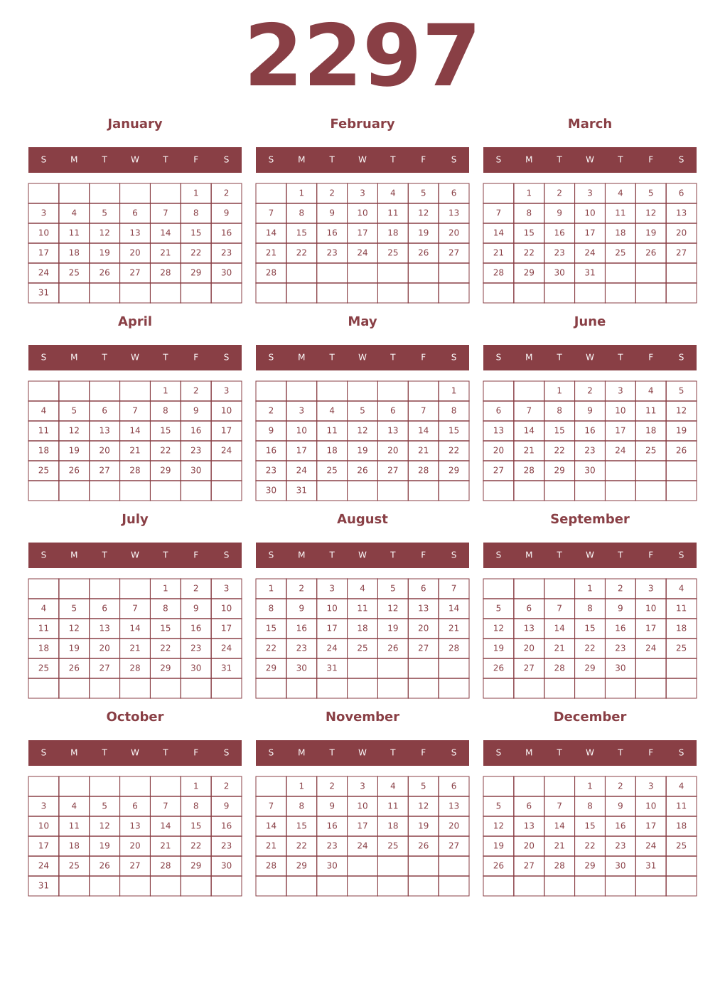 Printable 2297 Year Calendars cordovan
