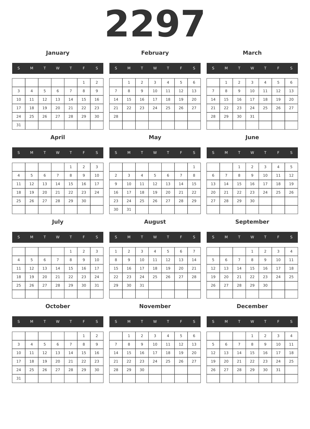 Printable 2297 Year Calendars dark