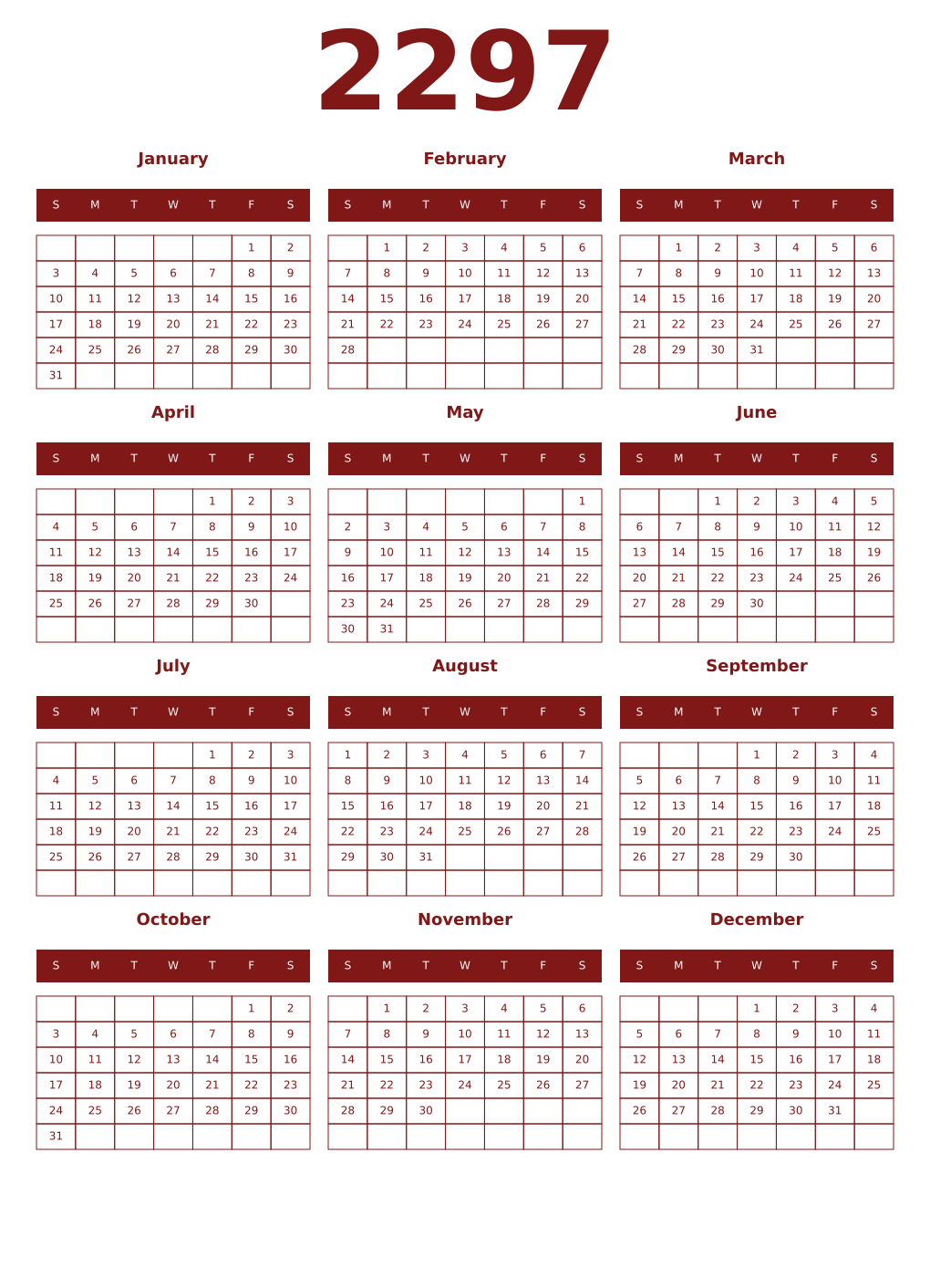 Printable 2297 Year Calendars falu