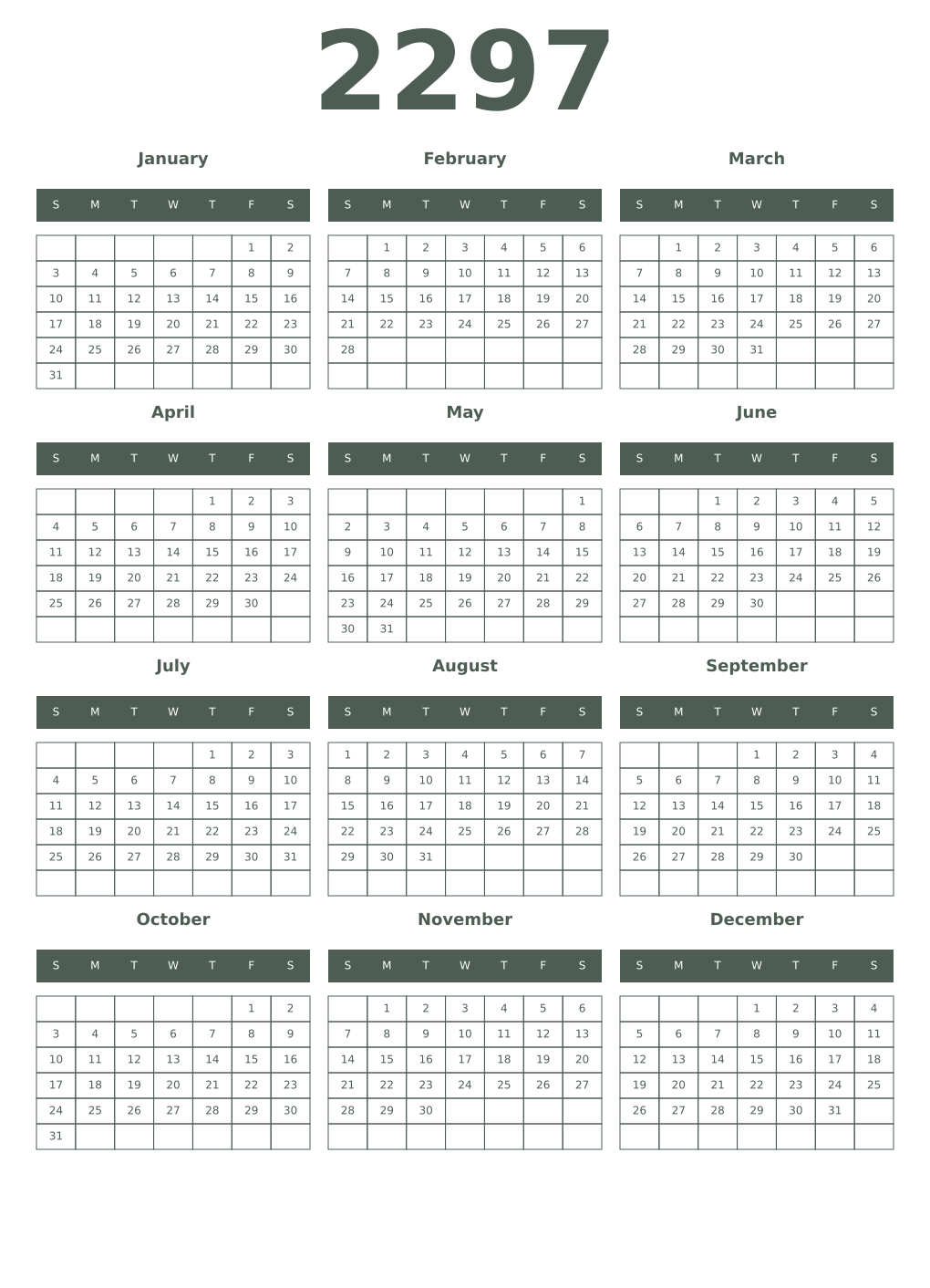 Printable 2297 Year Calendars feldgrau