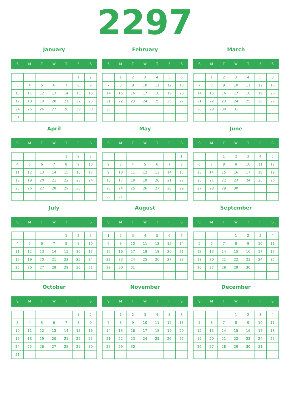 Printable 2297 Year Calendars green