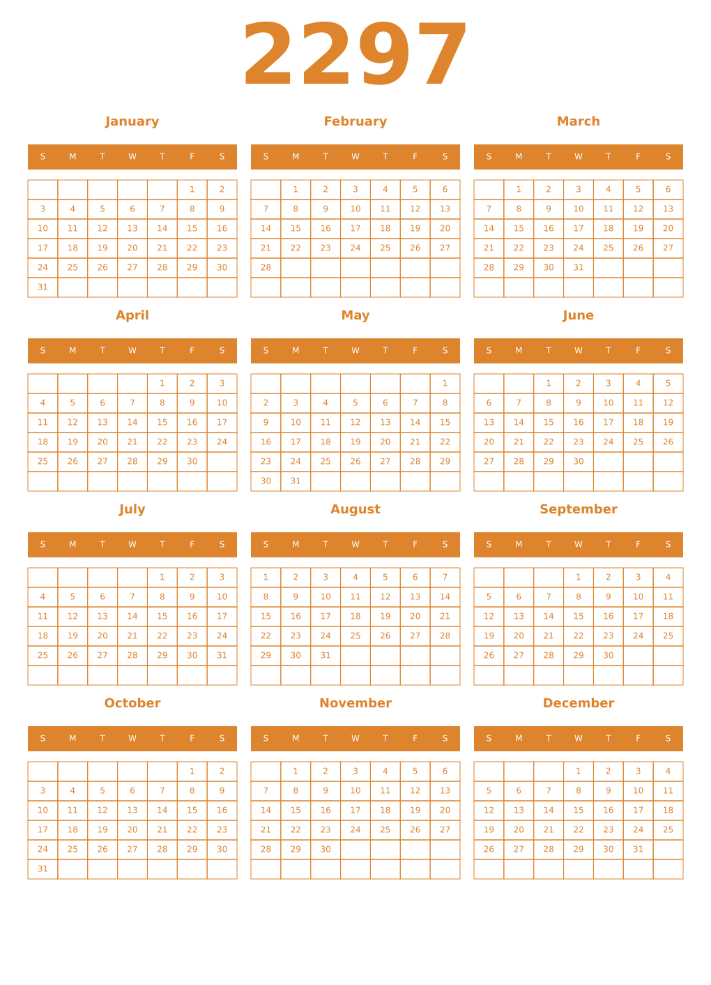 Printable 2297 Year Calendars orange
