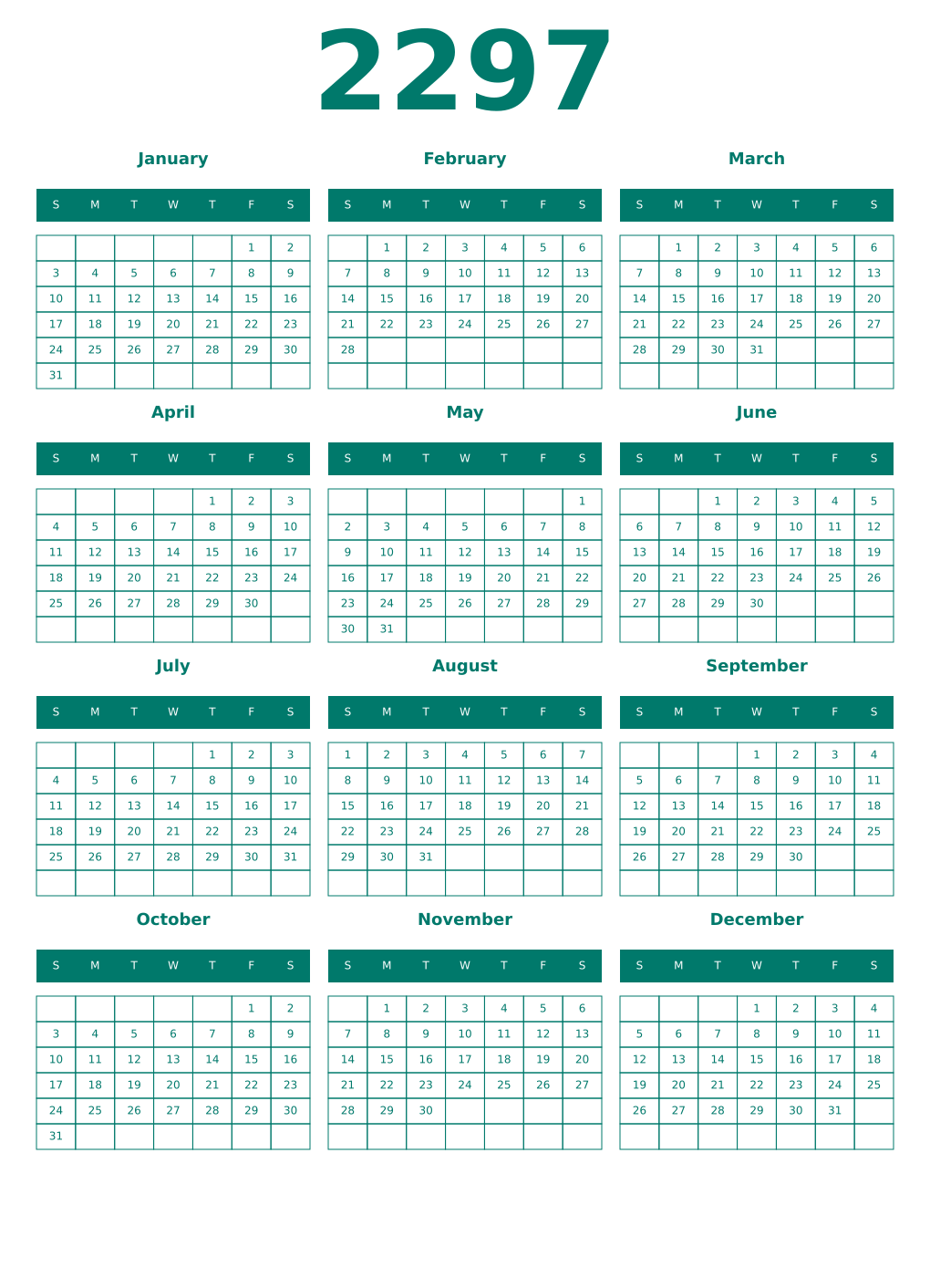 Printable 2297 Year Calendars pastel