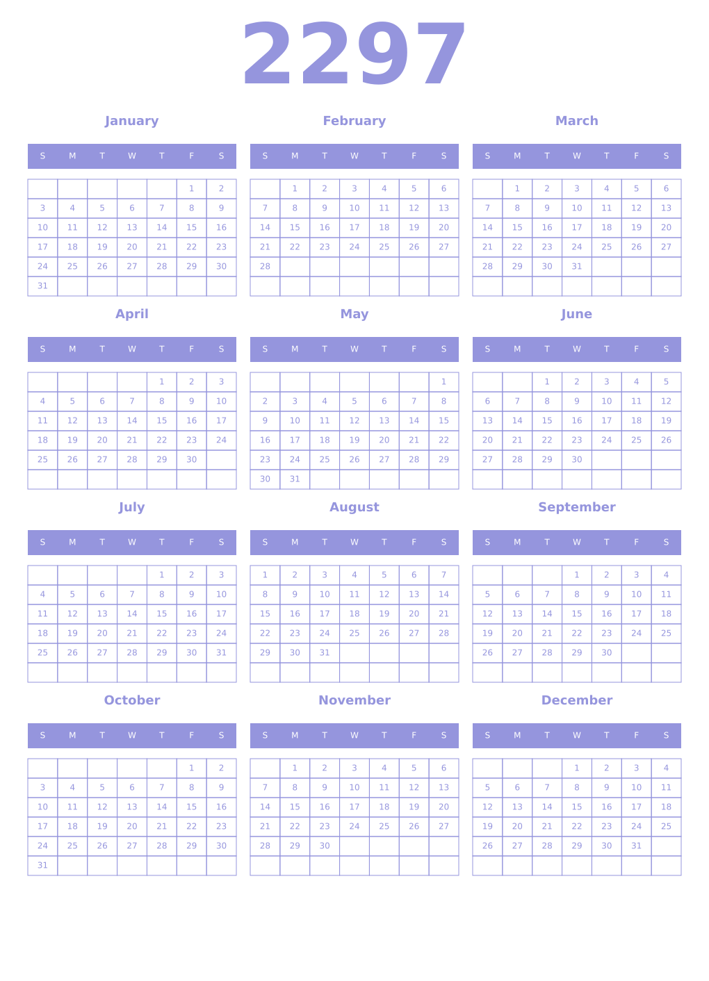 Printable 2297 Year Calendars periwinkle