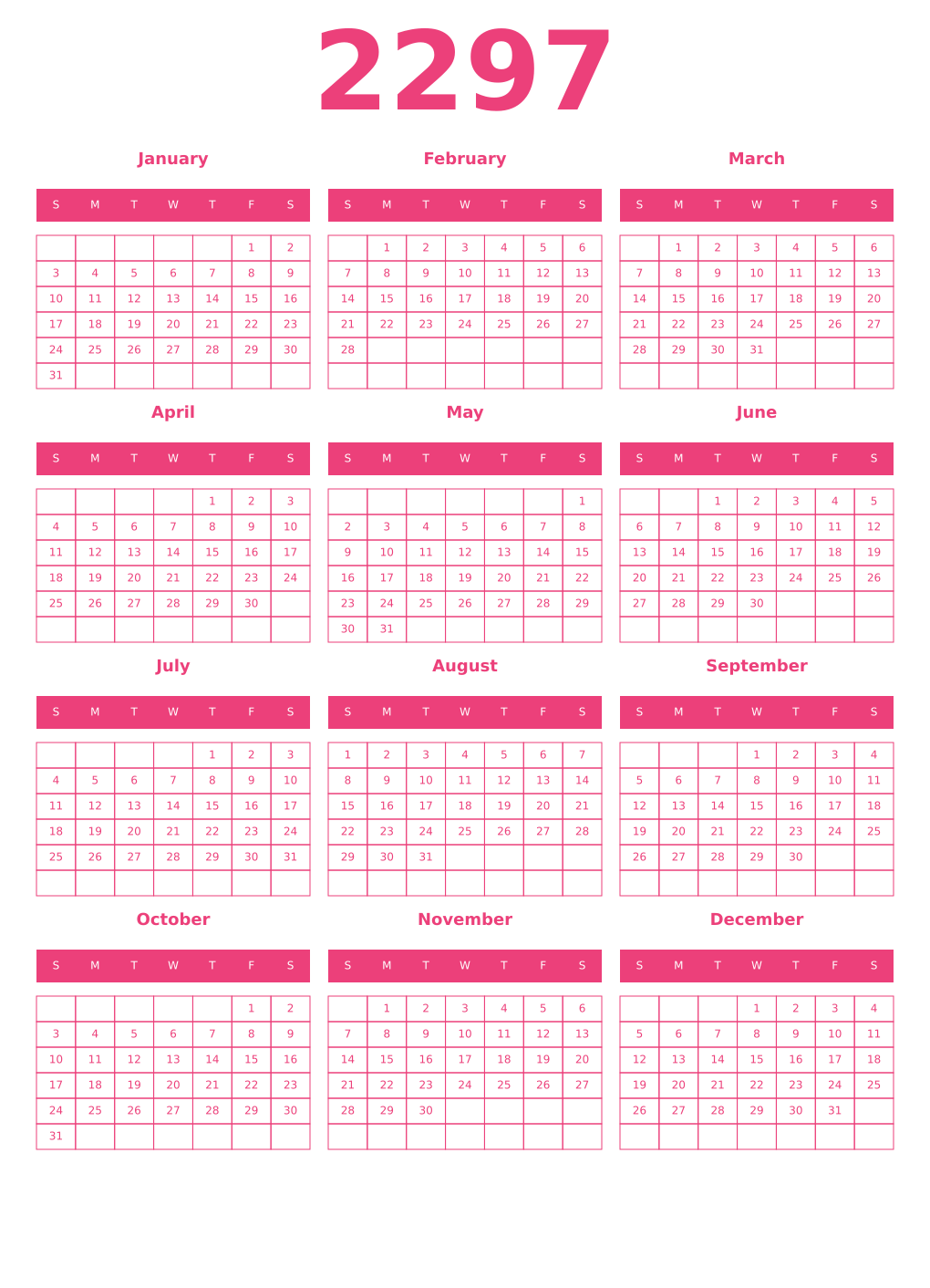 Printable 2297 Year Calendars pink