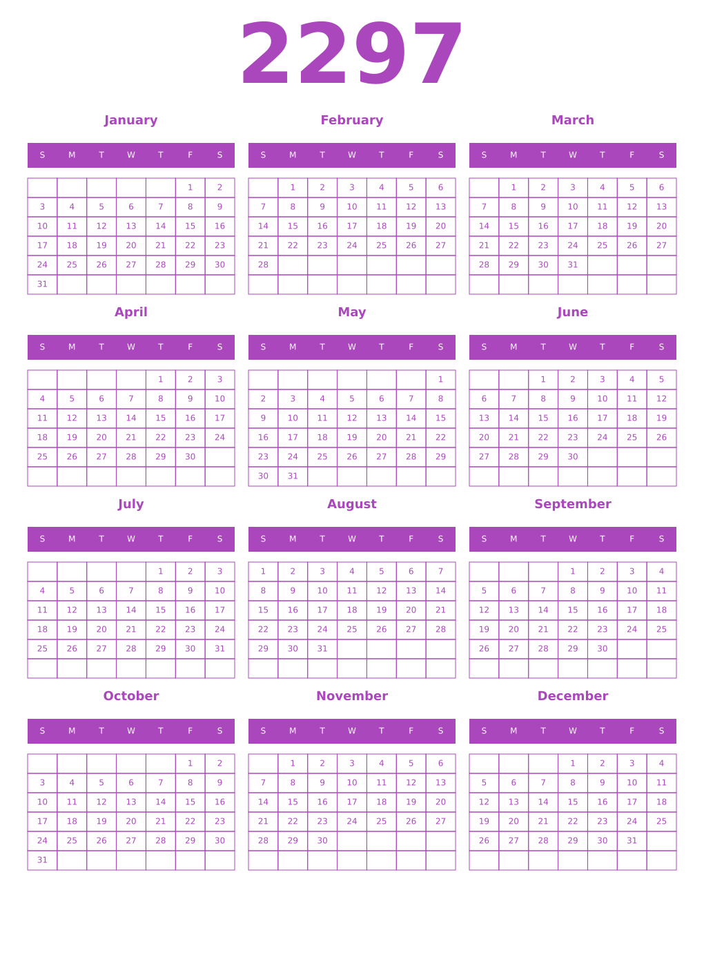 Printable 2297 Year Calendars purple