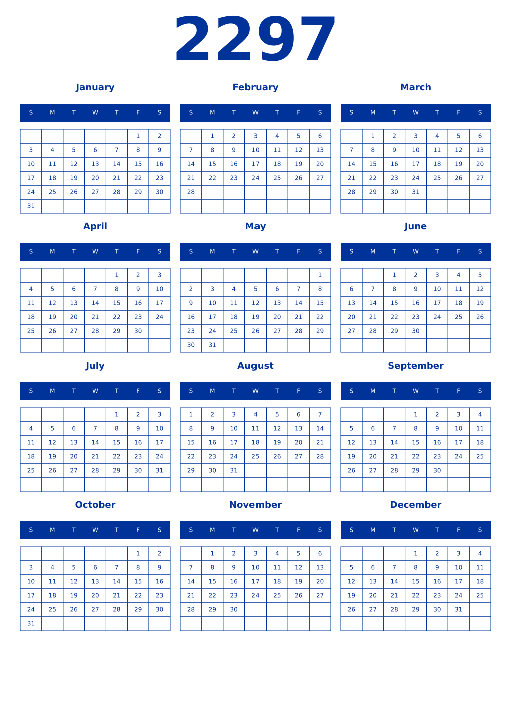 Printable 2297 Year Calendars smalt